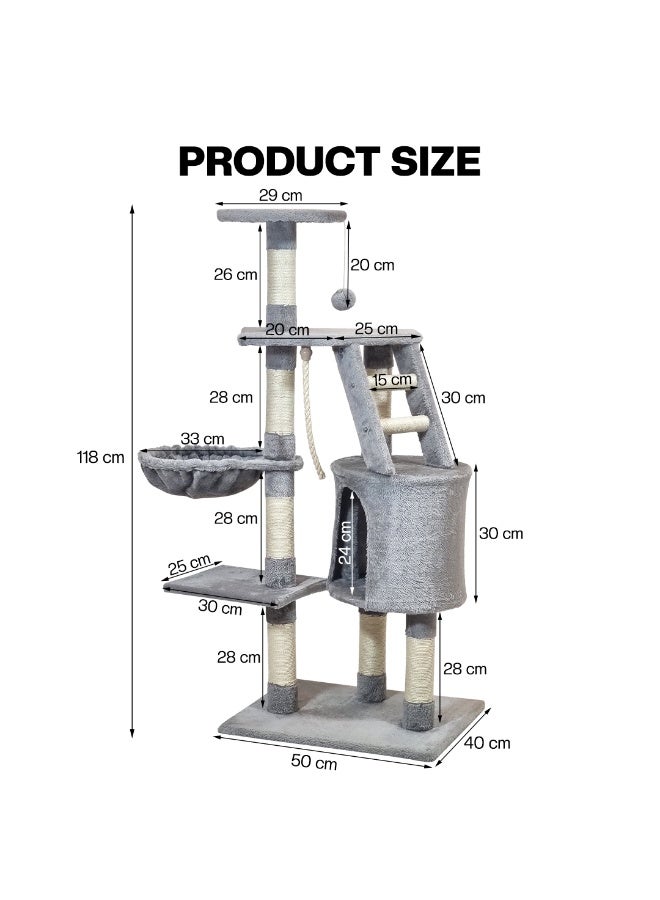 NNC PETS Cat tree tower for Indoor cats & Kittens, Multi-level cat tree activity center with Enclosed cat condo, Plush perch, Cozy Hammock, Sisal scratching post, and Ladder, Easy assembly, 118 cm (Grey) - Image 2